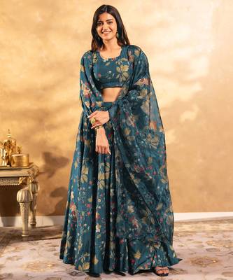 Floral Printed Layered Lehenga Set with Crop Top & Dupatta 3