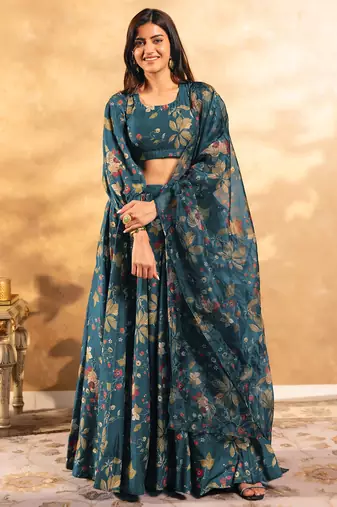Floral Printed Layered Lehenga Set with Crop Top & Dupatta