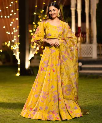 Elegant Floral Printed Layered Lehenga Set with Crop Top & Dupatta 1