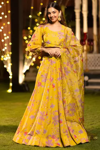 Elegant Floral Printed Layered Lehenga Set with Crop Top & Dupatta