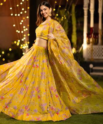 Elegant Floral Printed Layered Lehenga Set with Crop Top & Dupatta 2