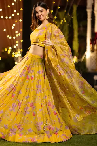 Elegant Floral Printed Layered Lehenga Set with Crop Top & Dupatta