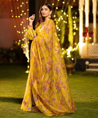 Elegant Floral Printed Layered Lehenga Set with Crop Top & Dupatta 3