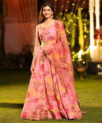 Floral Printed Flared Lehenga Set with Crop Top & Dupatta 1