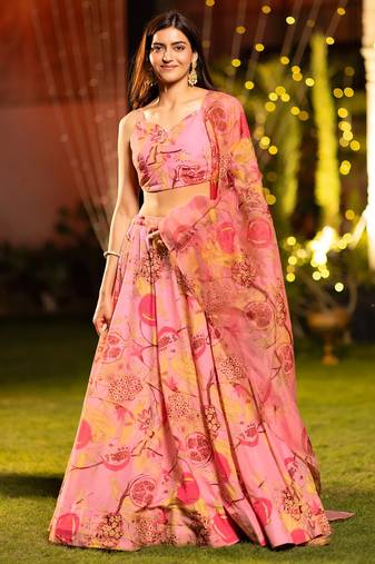 Floral Printed Flared Lehenga Set with Crop Top & Dupatta