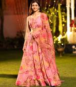 Floral Printed Flared Lehenga Set with Crop Top & Dupatta