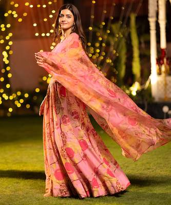 Floral Printed Flared Lehenga Set with Crop Top & Dupatta 2