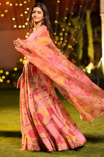 Floral Printed Flared Lehenga Set with Crop Top & Dupatta