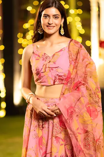 Floral Printed Flared Lehenga Set with Crop Top & Dupatta