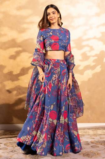 Floral Printed Layered Lehenga Set with Crop Top & Dupatta