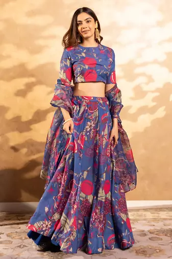 Floral Printed Layered Lehenga Set with Crop Top & Dupatta