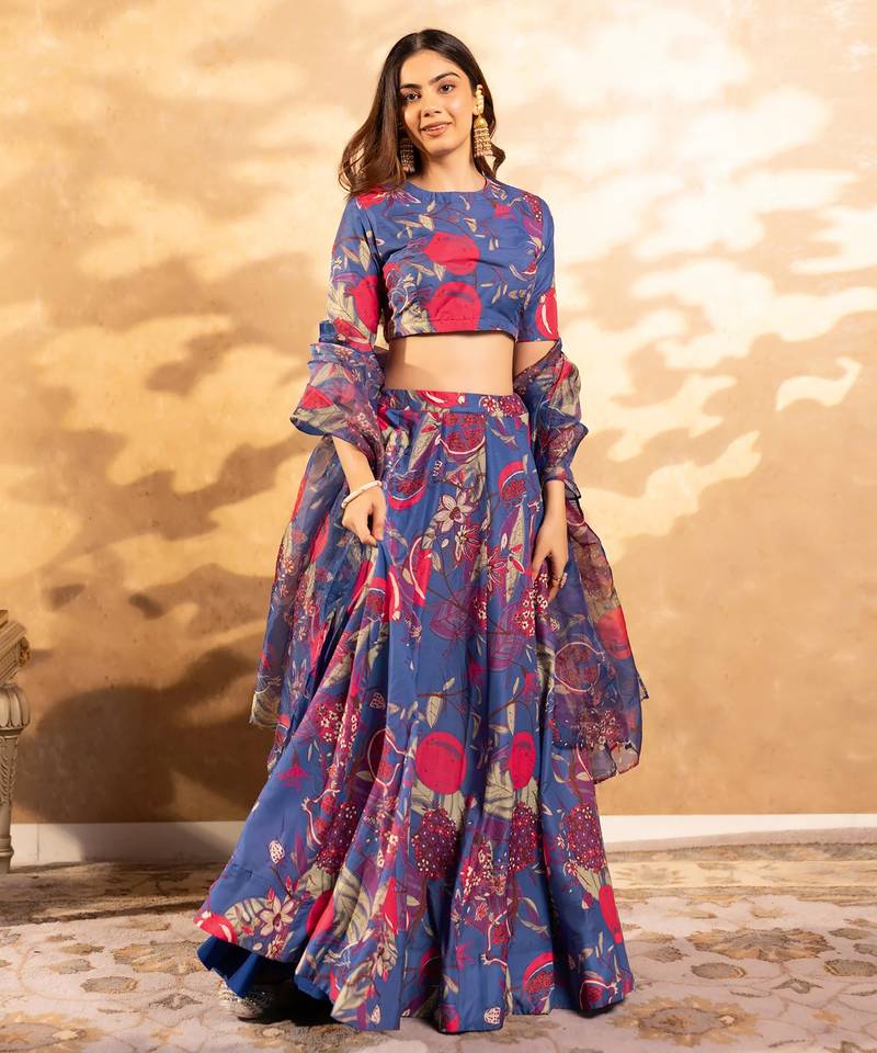 Floral Printed Layered Lehenga Set with Crop Top & Dupatta