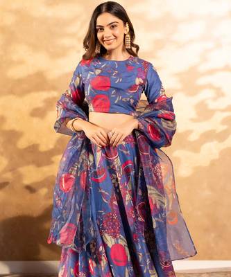 Floral Printed Layered Lehenga Set with Crop Top & Dupatta 3
