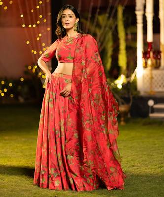 Trendy Floral Printed Flared Lehenga Set with Crop Top & Dupatta 1
