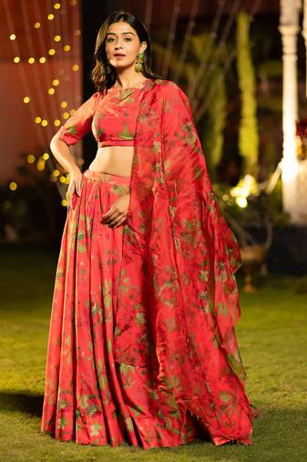 Trendy Floral Printed Flared Lehenga Set with Crop Top & Dupatta