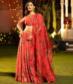Trendy Floral Printed Flared Lehenga Set with Crop Top & Dupatta