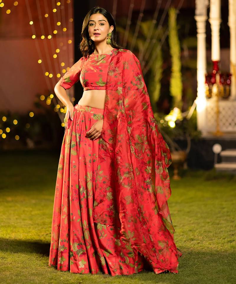 Trendy Floral Printed Flared Lehenga Set with Crop Top & Dupatta