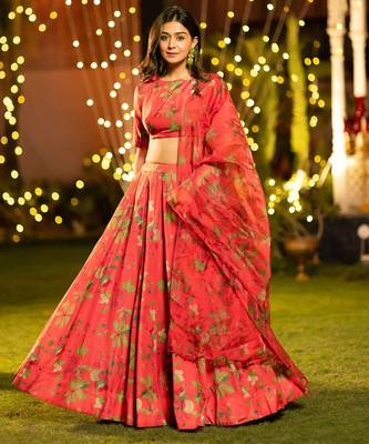 Trendy Floral Printed Flared Lehenga Set with Crop Top & Dupatta 2
