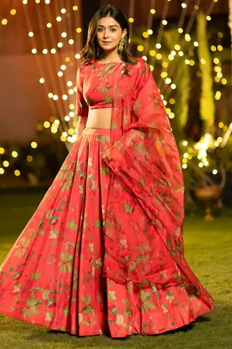 Trendy Floral Printed Flared Lehenga Set with Crop Top & Dupatta