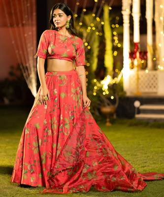 Trendy Floral Printed Flared Lehenga Set with Crop Top & Dupatta 3