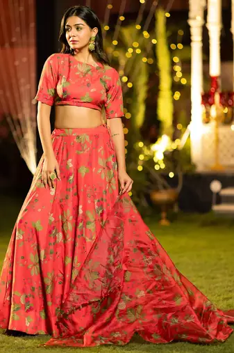 Trendy Floral Printed Flared Lehenga Set with Crop Top & Dupatta