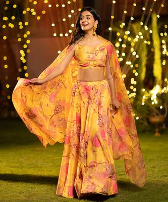 Floral Printed Layered Lehenga Set with Crop Top & Dupatta 1