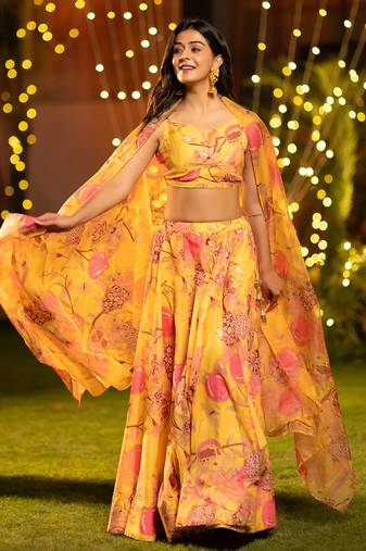 Floral Printed Layered Lehenga Set with Crop Top & Dupatta