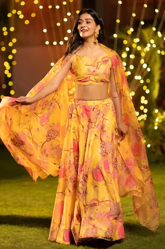 Floral Printed Layered Lehenga Set with Crop Top & Dupatta