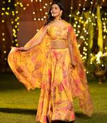 Floral Printed Layered Lehenga Set with Crop Top & Dupatta