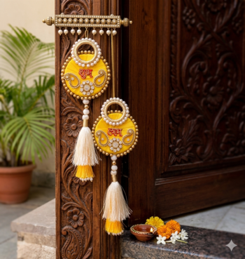 handmade shubh labh yellow pearl tassel door hanging festive home decor (pack of 2) 1