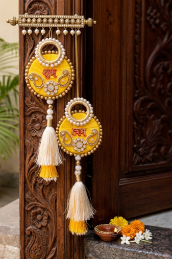 handmade shubh labh yellow pearl tassel door hanging festive home decor (pack of 2)