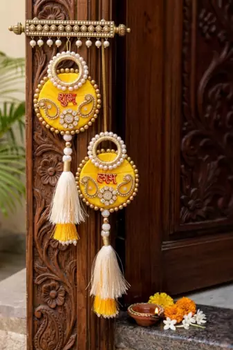 handmade shubh labh yellow pearl tassel door hanging festive home decor (pack of 2)