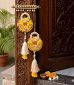 handmade shubh labh yellow pearl tassel door hanging festive home decor (pack of 2)