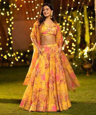 Floral Printed Layered Lehenga Set with Crop Top & Dupatta 2