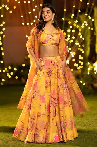 Floral Printed Layered Lehenga Set with Crop Top & Dupatta