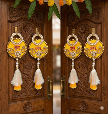 handmade shubh labh yellow pearl tassel door hanging festive home decor (pack of 2) 2