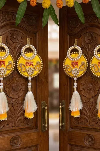 handmade shubh labh yellow pearl tassel door hanging festive home decor (pack of 2)