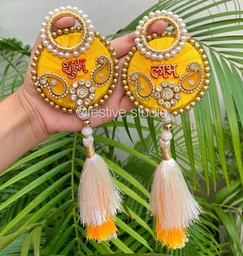 handmade shubh labh yellow pearl tassel door hanging festive home decor (pack of 2) 3