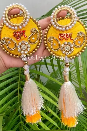 handmade shubh labh yellow pearl tassel door hanging festive home decor (pack of 2)