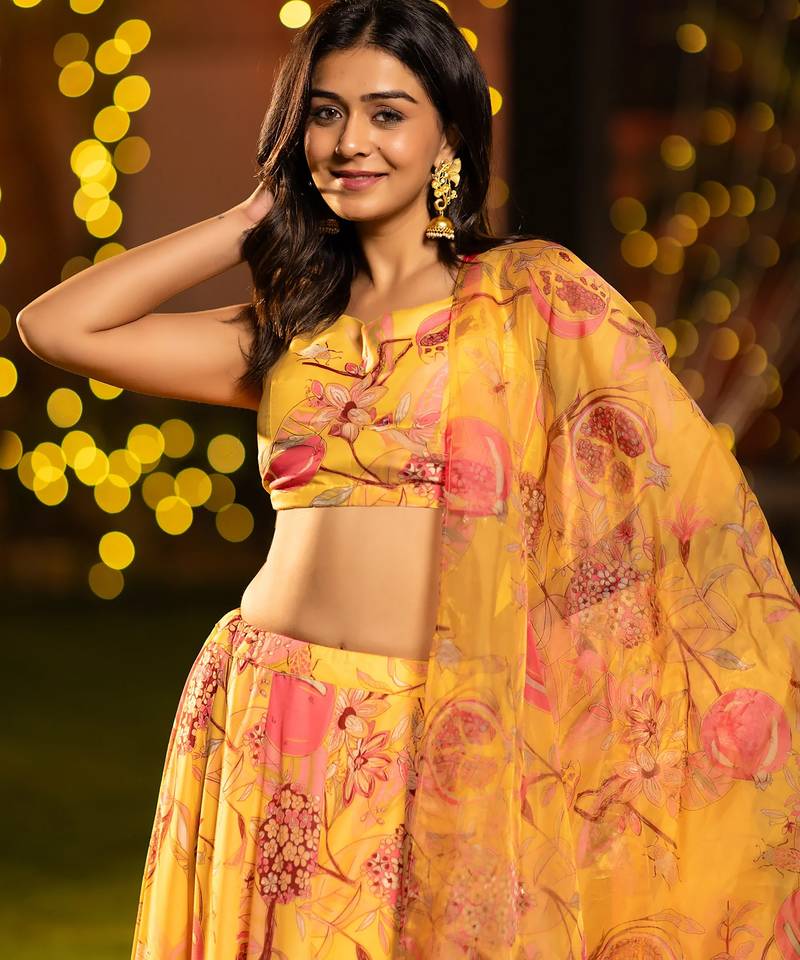Floral Printed Layered Lehenga Set with Crop Top & Dupatta