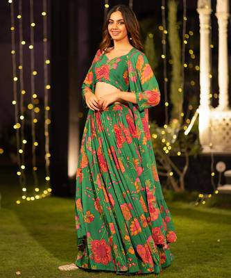 Floral Printed Flared Lehenga Set with Crop Top & Matching Shrug 1