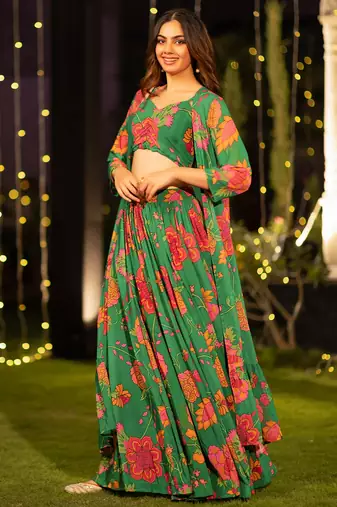 Floral Printed Flared Lehenga Set with Crop Top & Matching Shrug