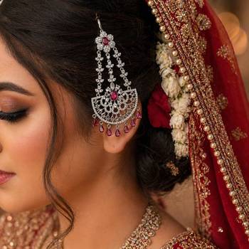 Silver-Tone Jhumar Passa with Ruby Red Stones, Cubic Zirconia Bridal Tikka 1