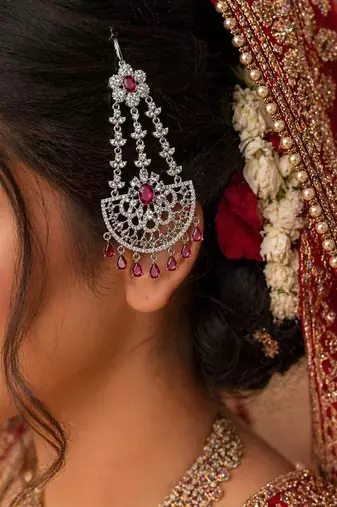 Silver-Tone Jhumar Passa with Ruby Red Stones, Cubic Zirconia Bridal Tikka