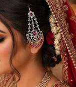 Silver-Tone Jhumar Passa with Ruby Red Stones, Cubic Zirconia Bridal Tikka
