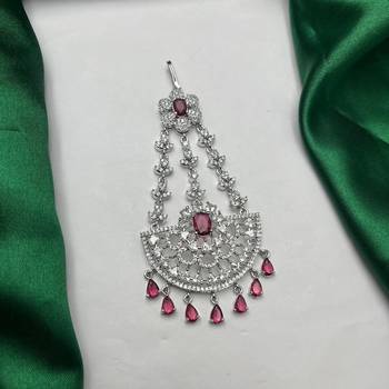 Silver-Tone Jhumar Passa with Ruby Red Stones, Cubic Zirconia Bridal Tikka 2