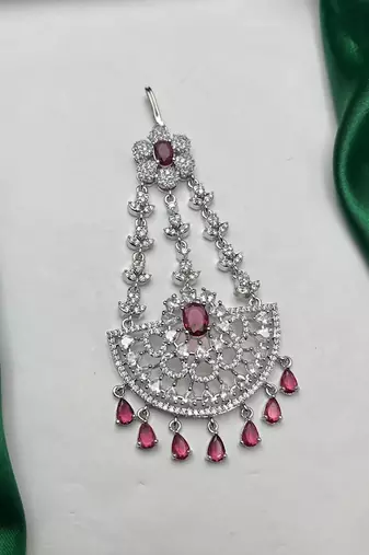 Silver-Tone Jhumar Passa with Ruby Red Stones, Cubic Zirconia Bridal Tikka