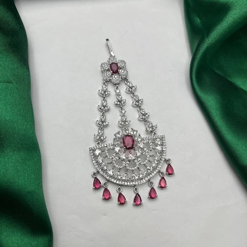 Silver-Tone Jhumar Passa with Ruby Red Stones, Cubic Zirconia Bridal Tikka