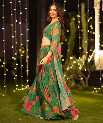 Floral Printed Flared Lehenga Set with Crop Top & Matching Shrug 2