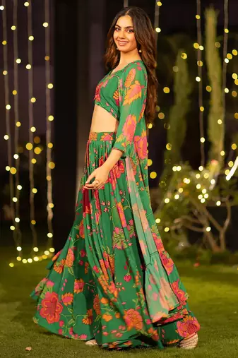Floral Printed Flared Lehenga Set with Crop Top & Matching Shrug